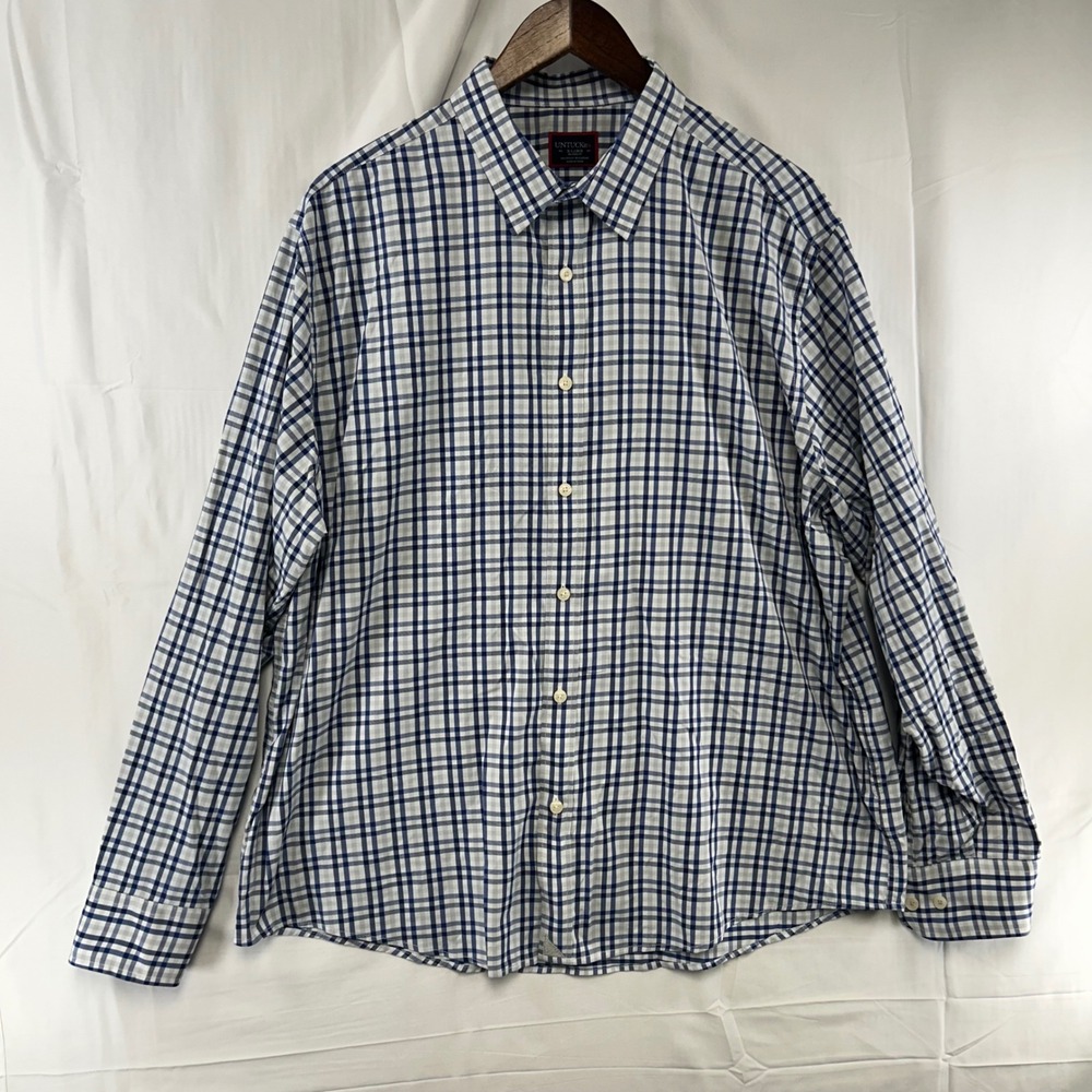 UNTUCKit Allendale Shirt Mens XL Blue Check Relaxed Fit Performance Stretch